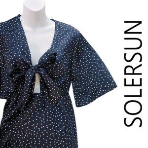 Solersun Polka Dot Bow Front Flare Sleeve A-line Midi Dress - Small